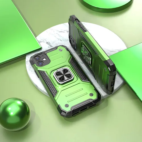 Vista 2 de Funda delgada para iPhone 11 con protector de pantalla, absorción de golpes, resistente a prueba de caídas, con soporte de automóvil, funda Verde