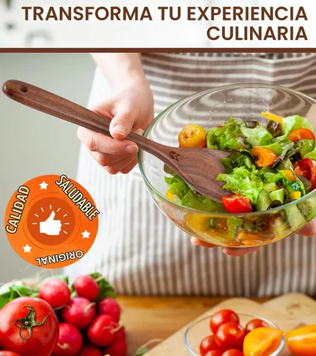 Vista 7 de Cucharas de madera para cocinar, utensilios de cocina de madera de teca prémium para servir