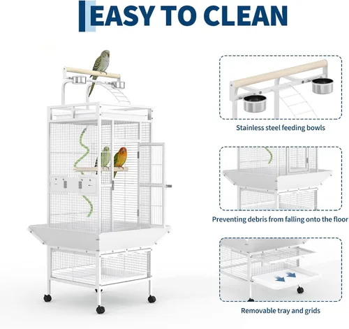 Vista 11 de Jaula grande para pájaros de 60 pulgadas de alto, jaula para periquitos de interior con reproductor, percha de cuerda para pájaros, jaula de pájaros