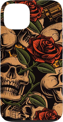 Vista 7 de Funda con diseño de tatuajes de flash tradicional para iPhone 17 con diseño retro rojo de rosas de calavera
