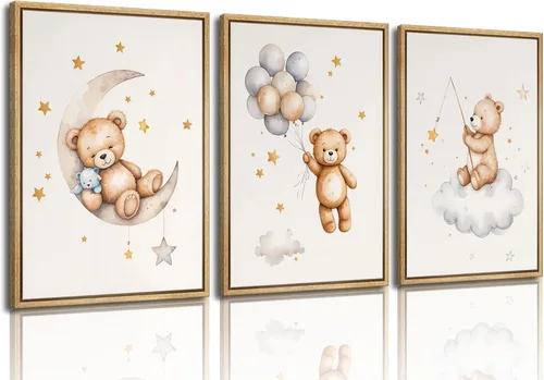 Vista 10 de 3 piezas de arte de pared con marco de oso de peluche para guardería, lienzo con oso durmiendo en la luna y estrellas, decoración de pared, imágenes