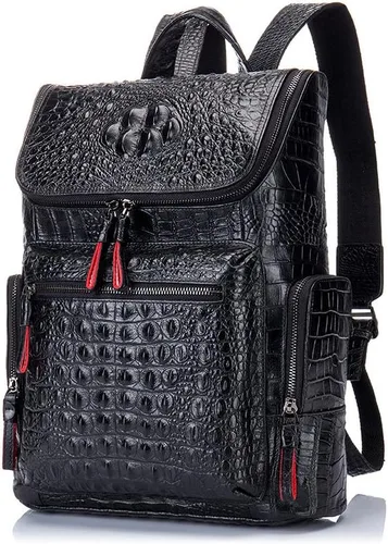 Vista 4 de boshiho Mochila de cuero real para computadora portátil, bolsa de viaje de moda, mochila para hombres, patrón de cocodrilo (S)