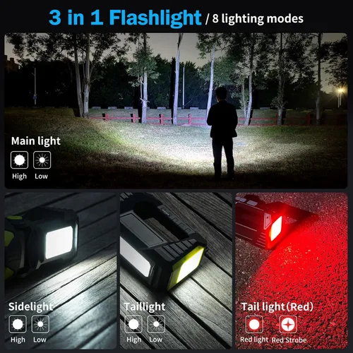 Vista 3 de Foco LED, linterna recargable de 10000 lúmenes, rotación de 90°, 8 modos con luz Cob&, luz trasera, IPX5 impermeable, batería de 4800 mAh, linterna