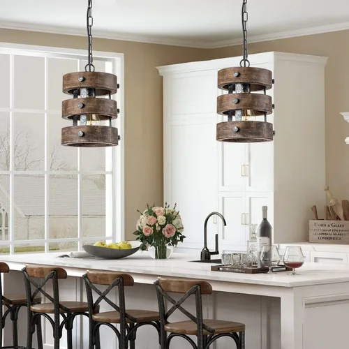 Vista 8 de Paquete de 2 Luces Colgantes de Madera Estilo Granja para Isla de Cocina, Accesorios de Iluminación para Comedor sobre Mesa, Lámpara de Araña