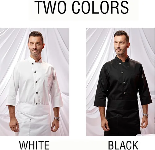 Vista 6 de Chaqueta de chef con cuello alto para hombre, manga 34, ligera, uniforme de chef con 2 bolsillos, profesional