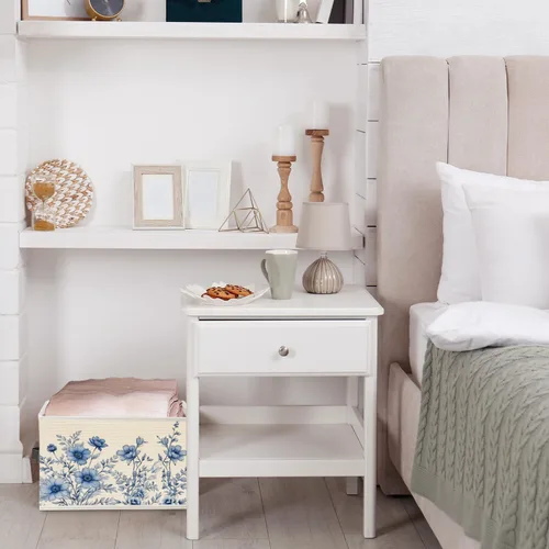 Vista 5 de Caja de Almacenamiento Floral Rústica Azul y Blanca con Asas, Canasta Organizadora Plegable Botánica de Flores Grandmillennial Caja de Juguetes