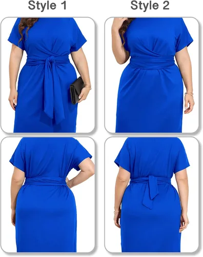 Vista 5 de Pinup Fashion Vestidos de talla grande para mujer, invitada de boda, manga corta, lazo frontal, cinturón, vestido de trabajo hasta la rodilla