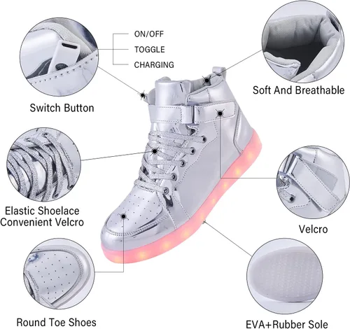 Vista 3 de Zapatos con luz LED para niños, tenis de caña alta para niños y niñas, zapatos de baile hip-hop para Halloween, fiesta de Navidad con carga USB