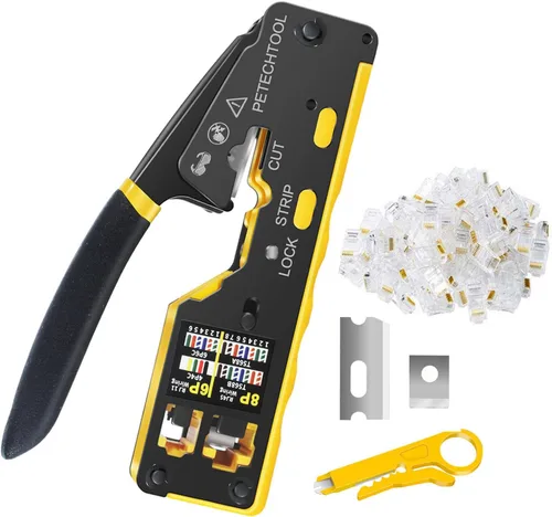 Vista 8 de Kit de herramientas de crimpado RJ45, herramienta de crimpado Ethernet, cortador de pelacables para conectores Cat5e Cat6 Cat6a Pass Thrugh con 10