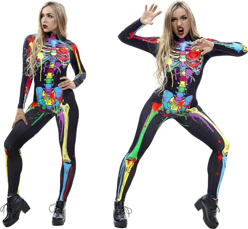 Vista 3 de URVIP Disfraz de esqueleto para Halloween, ajustado, traje de una sola pieza estilo enterizo para mujer