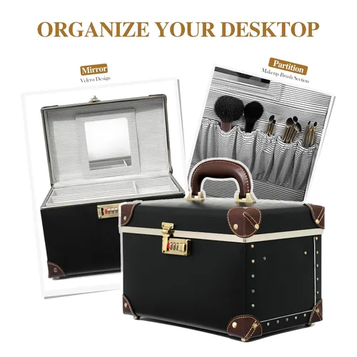 Vista 6 de urecity Estuche de maquillaje vintage de piel artificial, organizador profesional de cosméticos con cerradura de combinación de metal, caja