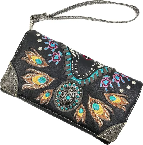 Vista 2 de Zelris Turquesa Concho Peacock Feather Mujeres Crossbody Muñeca Trifold Wallet