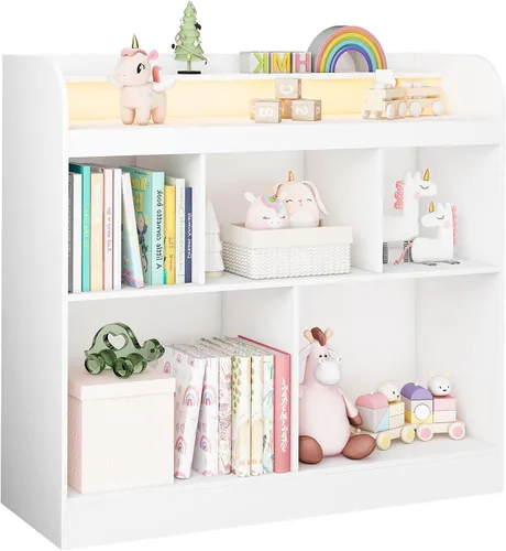 Vista 8 de Lkeiyay Estantería abierta para niños, organizador de juguetes Montessori con luces LED, estantería abierta de madera blanca para niños, dormitorio