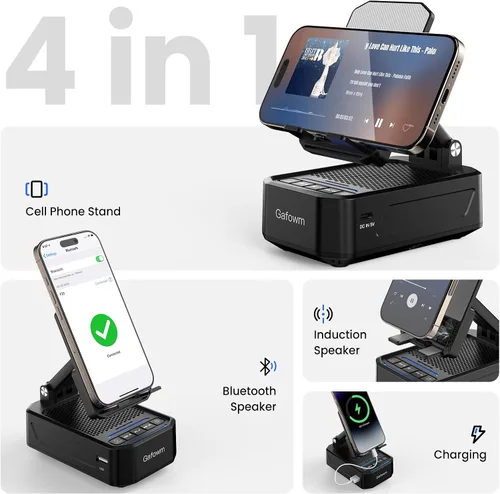 Vista 2 de Soporte para teléfono celular con altavoz Bluetooth de inducción inalámbrica instantánea, sin necesidad de emparejamiento Bluetooth, conexión en 1