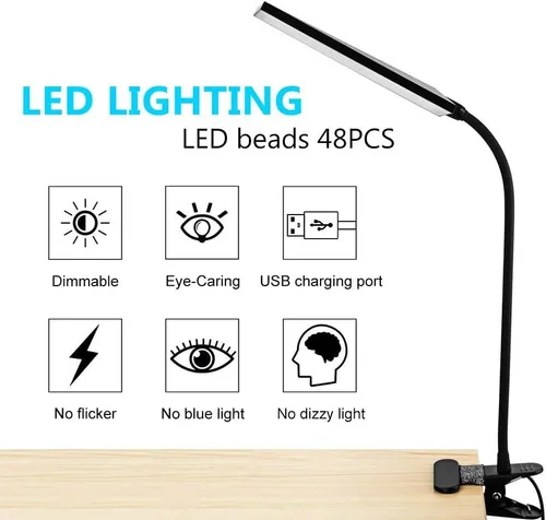 Vista 3 de Lámpara de escritorio LED, clip USB de 5 W, lámpara de mesa con abrazadera de lectura para cuidado de los ojos con 48 luces LED, cuello flexible, 3