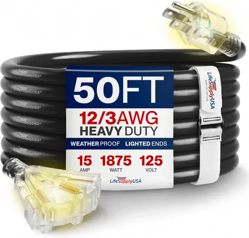 Vista 14 de Cable de extensión de 3 pies para exteriores/interiores, 3 tomas, calibre 12/3, extra resistente, 3 clavijas SJTW, impermeable, flexible, resistente