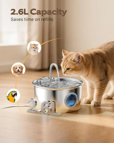 Vista 2 de Fuente de agua para gatos de acero inoxidable: fuente para gatos con 6 filtros + 3 esponjas, fuente de agua para mascotas de 88 oz/2.6 L para gatos