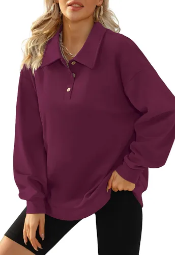 Vista 3 de WIHOLL Sudaderas de gran tamaño para mujer, de manga larga, con botones, cuello redondo, ropa de otoño