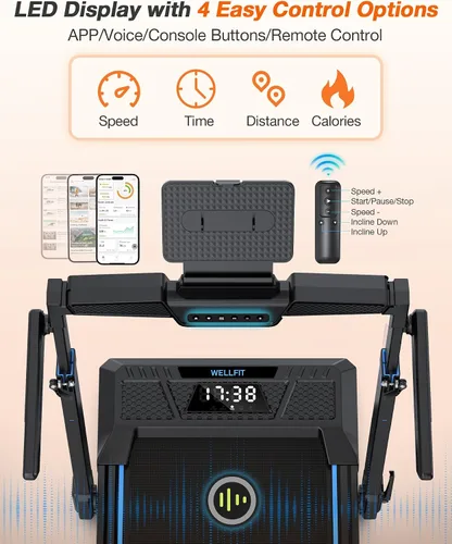 Vista 5 de WELLFIT Cinta de correr con inclinación automática, cintas de correr plegables 4 en 1 para el hogar con altura ajustable, cinta de correr silenciosa