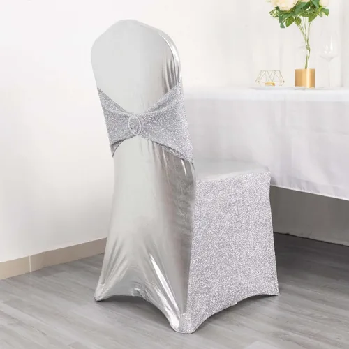 Vista 39 de Efavormart - Funda para silla de banquete de elastano beige con banda de hebilla de diamantes de imitación plateados, funda elástica para silla