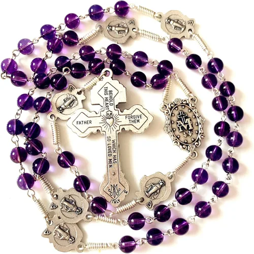 Vista 4 de elegantmedical Collar de cruz de rosario hecho a mano con cuentas de amatista católica, nuestra Señora de Gracia, caja de regalo