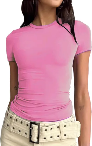 Vista 2 de Camisetas cortas básicas para mujer, estilo casual, para salir, a la moda, ajustadas, de manga corta, ajustadas, para adolescentes, niñas, lindas