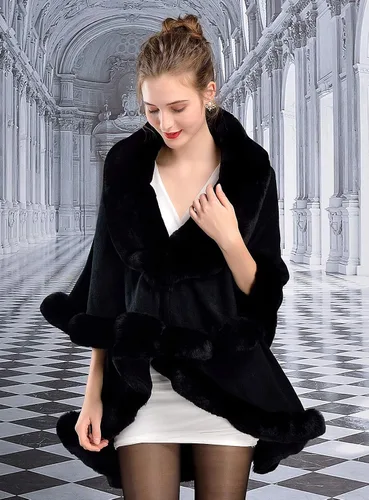Vista 3 de SUFCOMOU Women Poncho Cape Faux Fur Shawl Wrap Winter Faux Fur Trim Coat Sleeveless Cardigan Dressy Cloak