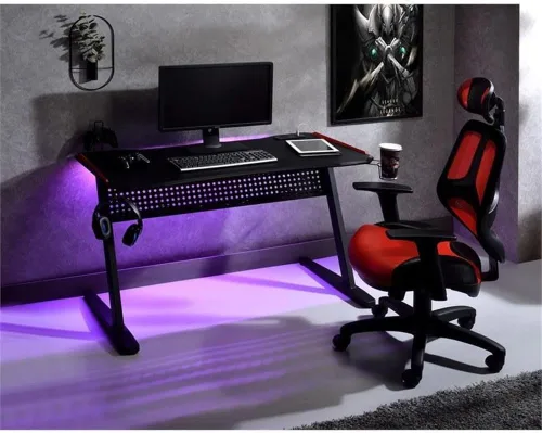 Vista 2 de Acme Dragi - Mesa de juegos con marco de metal con puerto USB y luz LED en negro y rojo
