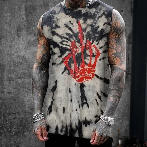 Vista 5 de Camiseta sin mangas con estampado de calavera callejera para hombre, sin mangas, cuello redondo, deportes musculares, acondicionamiento físico