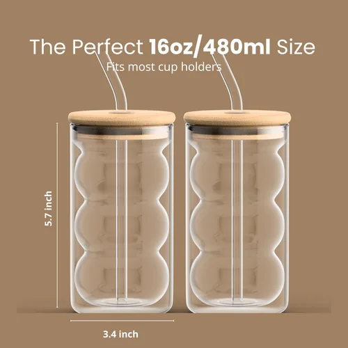 Vista 6 de HAPPY PATH & CO. 2 Vasos de vidrio de doble pared con tapas y pajitas de 16 onzas (480ml) - Juego de vasos para beber Vaso de vidrio con tapa