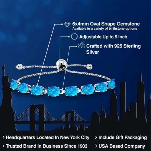 Vista 123 de Gem Stone King Pulsera de plata de ley 925 con piedra natal ovalada de 0.276 x 0.197 in para mujer, totalmente ajustable hasta 9 pulgadas