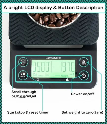 Vista 4 de Coffee Gator Báscula de café de precisión de 0.00 oz con temporizador, báscula digital de 6.6 lbs, gran pantalla LCD, pesaje de cocina