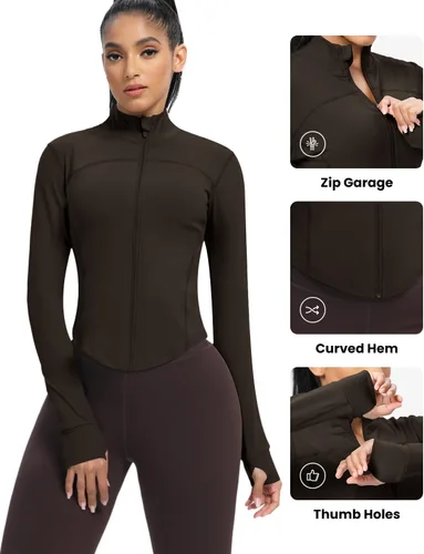 Vista 83 de AVGO Chaquetas de entrenamiento recortadas para mujer, con cremallera, ajustadas, atléticas, con agujeros para el pulgar