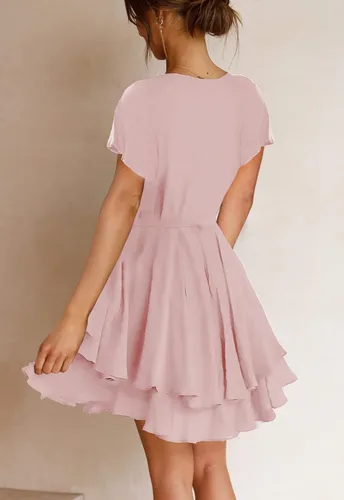 Vista 4 de Ferlema Vestido corto de verano para mujer, cuello en V, manga corta, lazo en la cintura, casual, acampanado, con vuelo