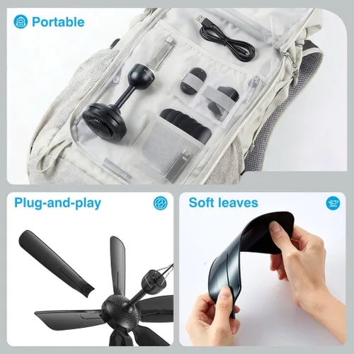 Vista 5 de Ventilador colgante pequeño USB portátil de 17.7 pulgadas con 6 cuchillas, uso en interiores y exteriores, para caravana, campamento y toldo, Negro