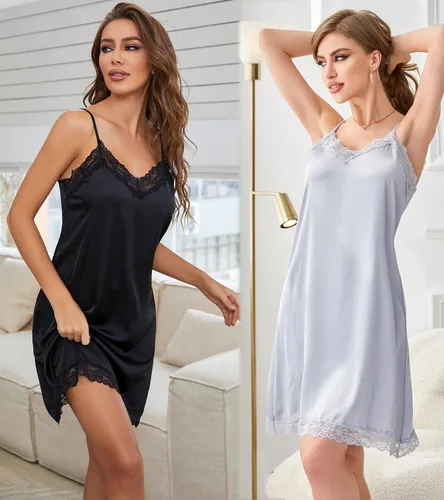 Vista 5 de ft FENTENG Paquete de 2 camisones de satén para mujer, camisón de encaje sin mangas, camisón de dormir