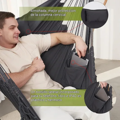 Vista 6 de Hamaca con soporte y soporte para teléfono incluido Silla colgante doble de macramé estilo boho hecha a mano, columpio ajustable para interiores