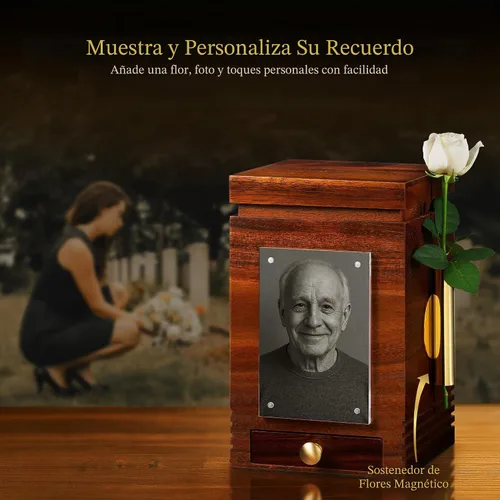 Vista 6 de Solid Wooden Urn for Adult Ashes 200 Cu in Cremation Urn with Magnetic Lid, Keepsake Drawer, Optional Photo Frame & Flower Holder Attachments
