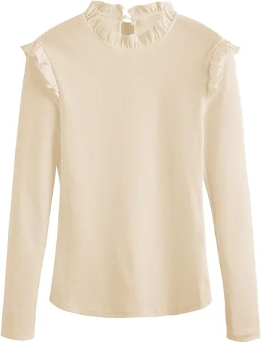Vista 4 de Romwe - Blusa con abertura en la espalda, color liso, hombros con volantes, corte ajustado y cuello alto para mujeres
