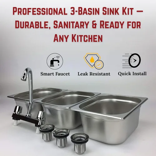 Vista 7 de Fregadero de concesión de acero inoxidable con 3 compartimentos grandes Portable 3-basin sink with 12" faucet, bar drains, and basket strainers