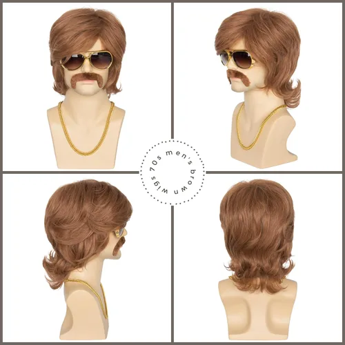 Vista 3 de Miss U Hair - Pelucas de fiesta marrón de los años 70 para hombre, peluca de salmonete, peluca de Halloween con accesorios de los años 70, collar