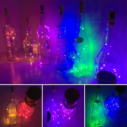 Vista 5 de Luces para botella de vino con corcho, paquete de 6 unidades, funciona con pilas, 15 luces LED en forma de corcho, alambre plateado, miniluces