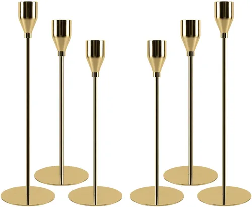 Vista 11 de Juego de 3 candelabros dorados franceses, portavelas de metal para velas cónicas, candelabros dorados, se adapta a velas de 2.2 cm de grosor y velas