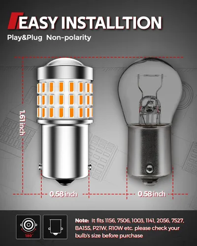 Vista 4 de Torchbeam Bombillas LED 1156 de señal de giro, CANBUS sin errores, reemplazo para P21W BA15S 1156A 1156NA 7506 1141, 12V-24V ámbar amarillo bombilla