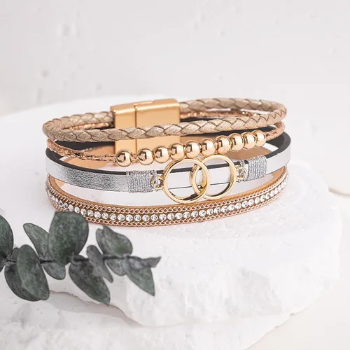Vista 7 de FANCY SHINY Pulseras bohemias de cuero con cuentas doradas para mujer, apilables con cierre magnético