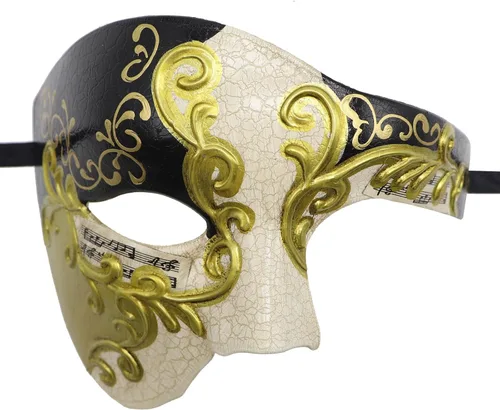 Vista 2 de Flywife Fantasma de la ópera Máscara de mascarada para hombres, parejas, negro, dorado, plata, media cara, Halloween, Mardi Gras, veneciano