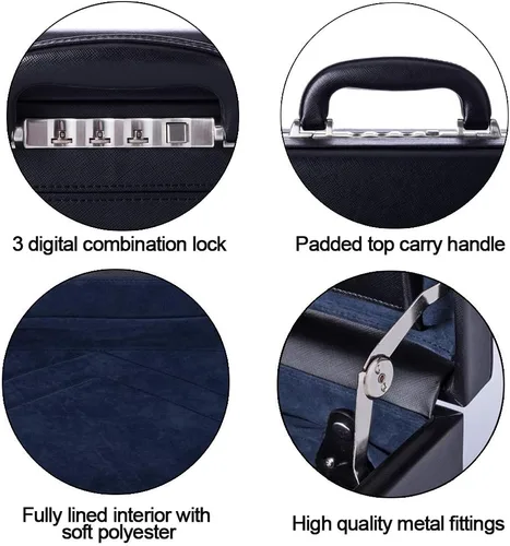 Vista 5 de Maletines de negocios para hombres de cuero, maletín pequeño vintage con cerradura para abogados, estuche de fijación para equipo espía, negro