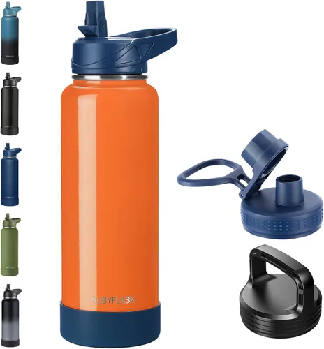 Vista 25 de RUBYFLASK - Botella de agua aislada con pajilla, jarra de agua al vacío de acero inoxidable, 24 onzas, botella con 3 tapas a prueba de fugas