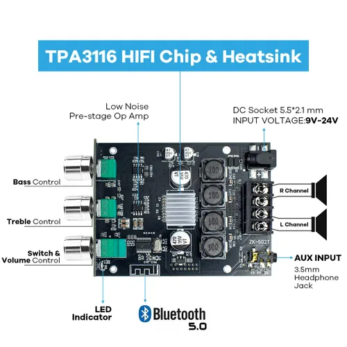 Vista 2 de Hosyond ZK-502T - Placa de amplificador Bluetooth 5.0 de 100 W con control de agudos y graves, TPA3116D2 50 Wx2, placa de amplificador Bluetooth