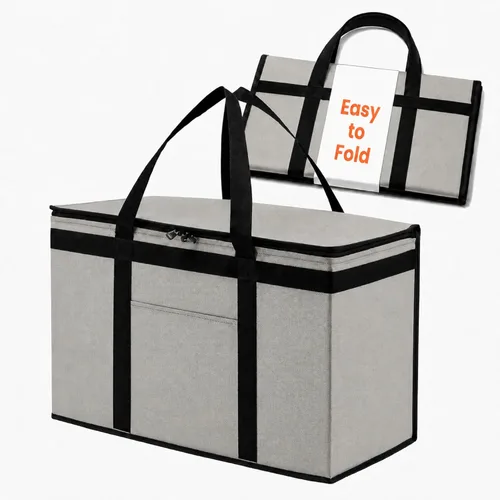 Vista 14 de Bolsa térmica XXL aislada y calentador de alimentos para entrega y compras de comestibles con parte superior con cremallera, color negro